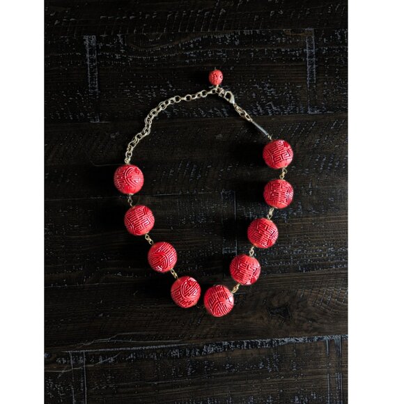 Vintage Chunky Cinnabar Necklace Signed Jan Michaels Carved Beaded Statement - Picture 2 of 7